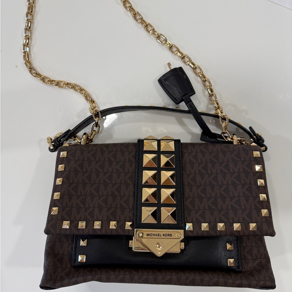 Michael Kors Black and Brown Shoulder Bag with Gold Accents